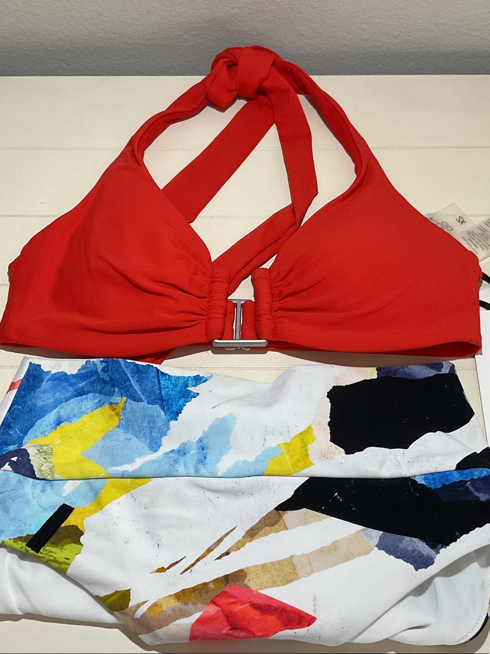 CALIA by Carrie Underwood Red Halter Bikini Top with Multicolor Abstract Bottom